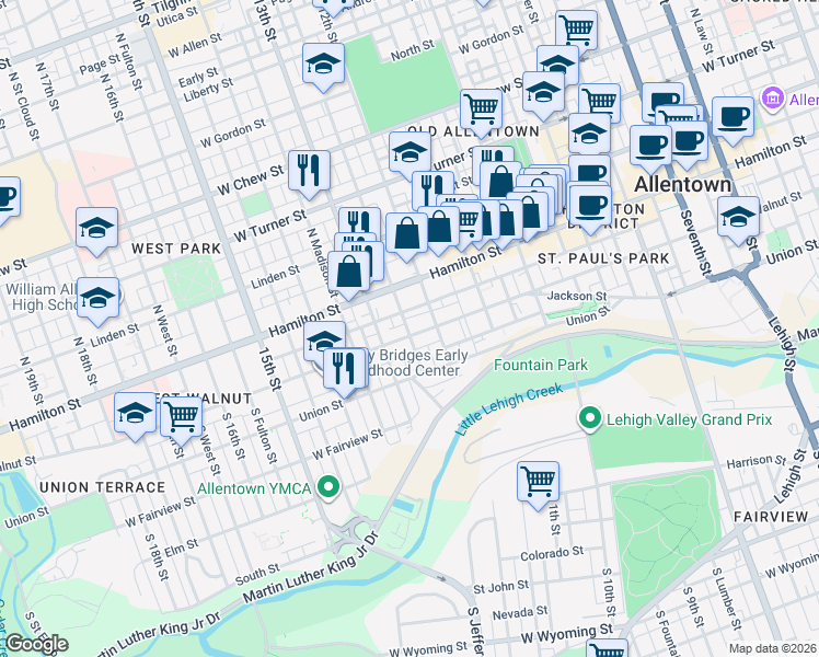 map of restaurants, bars, coffee shops, grocery stores, and more near 1225 Walnut Street in Allentown