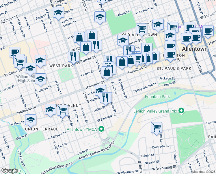 map of restaurants, bars, coffee shops, grocery stores, and more near 38 South Madison Street in Allentown