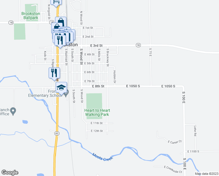 map of restaurants, bars, coffee shops, grocery stores, and more near 806 South Brackney Street in Brookston