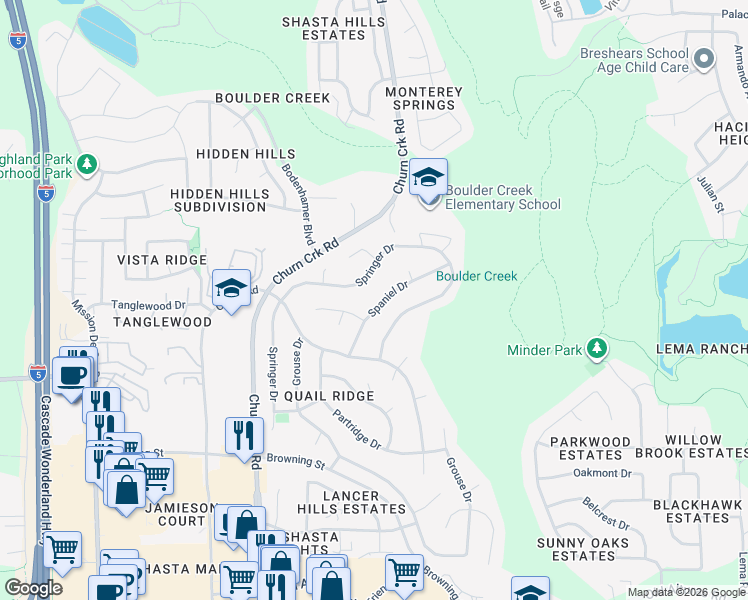 map of restaurants, bars, coffee shops, grocery stores, and more near 834 Spaniel Drive in Redding