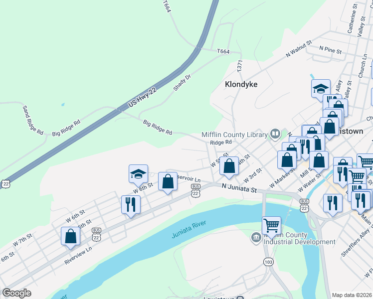 map of restaurants, bars, coffee shops, grocery stores, and more near 28 Woods Lane in Lewistown