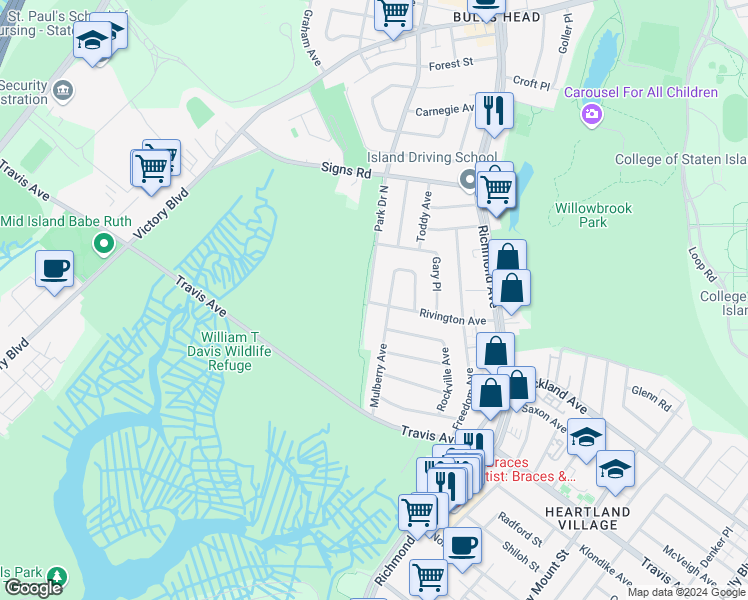 map of restaurants, bars, coffee shops, grocery stores, and more near 141 Park Drive North in Staten Island