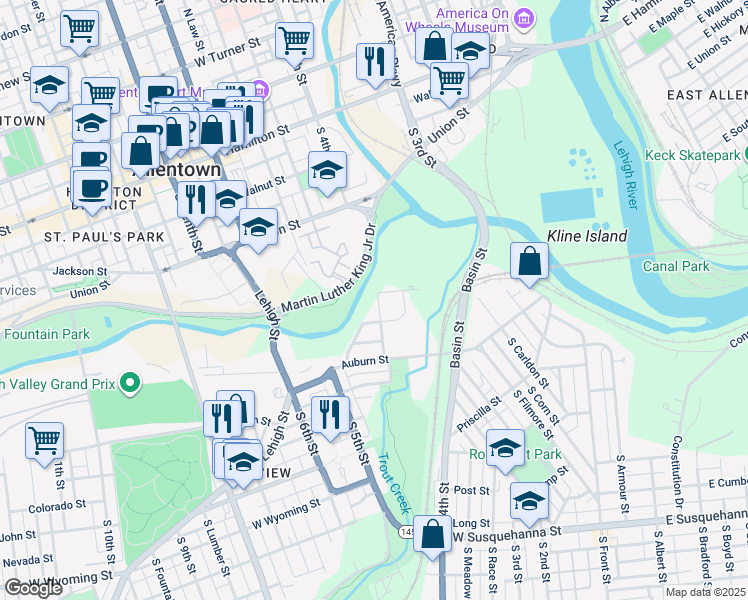 map of restaurants, bars, coffee shops, grocery stores, and more near 337 Barber Street in Allentown