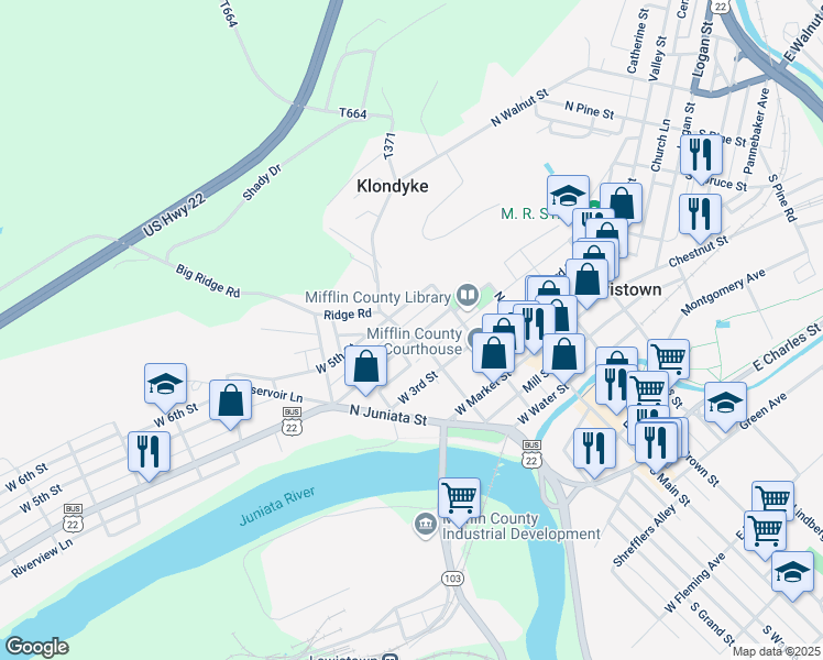 map of restaurants, bars, coffee shops, grocery stores, and more near 203 North Grand Street in Lewistown