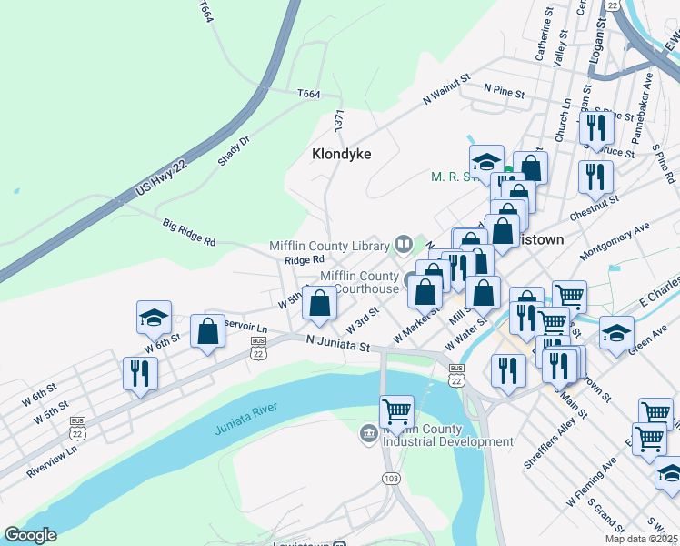 map of restaurants, bars, coffee shops, grocery stores, and more near 216 North Grand Street in Lewistown