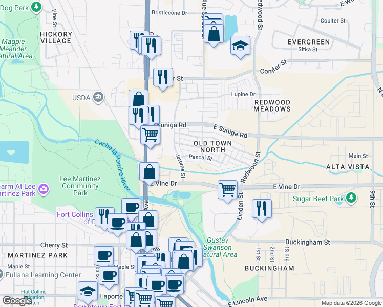 map of restaurants, bars, coffee shops, grocery stores, and more near 750 Jerome Street in Fort Collins