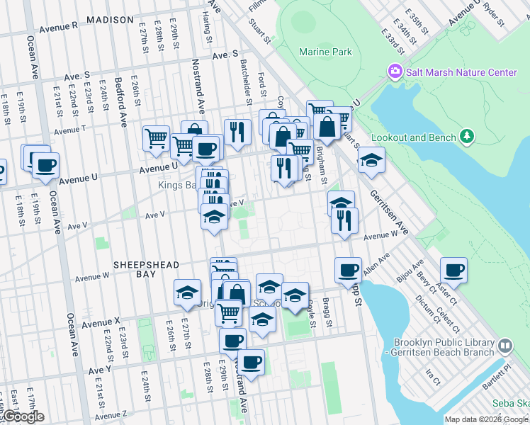 map of restaurants, bars, coffee shops, grocery stores, and more near 2238 Batchelder St in Brooklyn