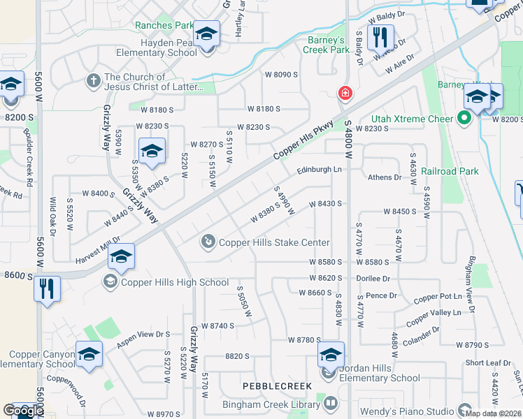 map of restaurants, bars, coffee shops, grocery stores, and more near 5040 West 8430 South in West Jordan