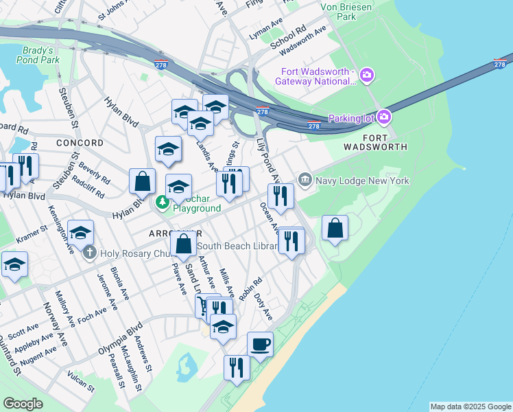 map of restaurants, bars, coffee shops, grocery stores, and more near 27 Railroad Avenue in Staten Island