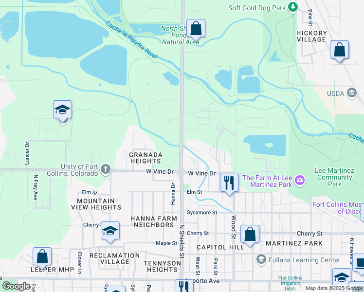 map of restaurants, bars, coffee shops, grocery stores, and more near 830 South Shields Street in Fort Collins