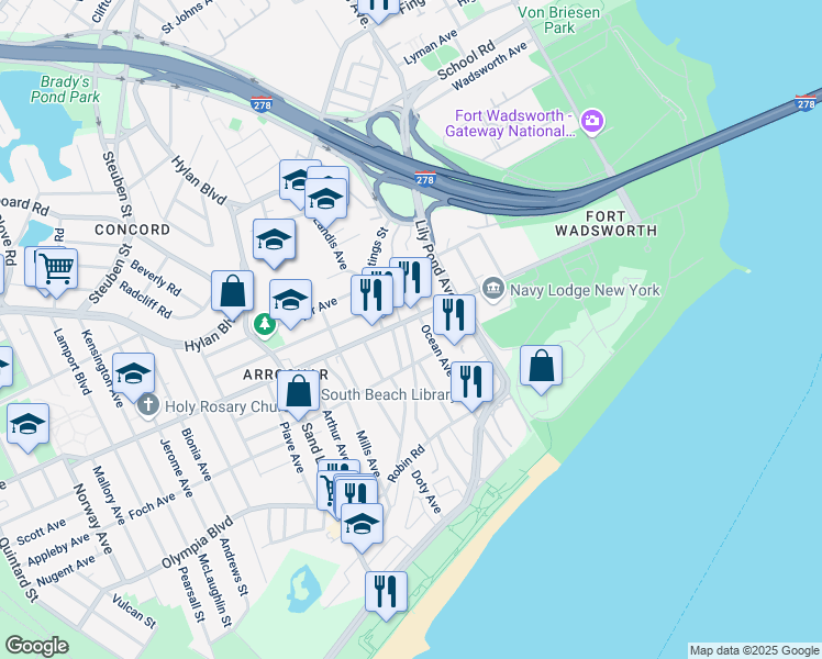 map of restaurants, bars, coffee shops, grocery stores, and more near 27 Railroad Avenue in Staten Island
