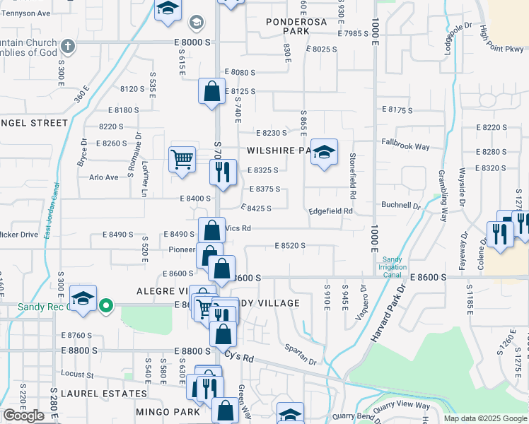 map of restaurants, bars, coffee shops, grocery stores, and more near 790 East 8425 South in Sandy