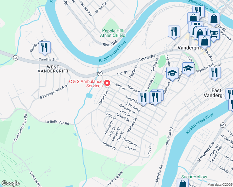 map of restaurants, bars, coffee shops, grocery stores, and more near 717 Irving Street in Vandergrift