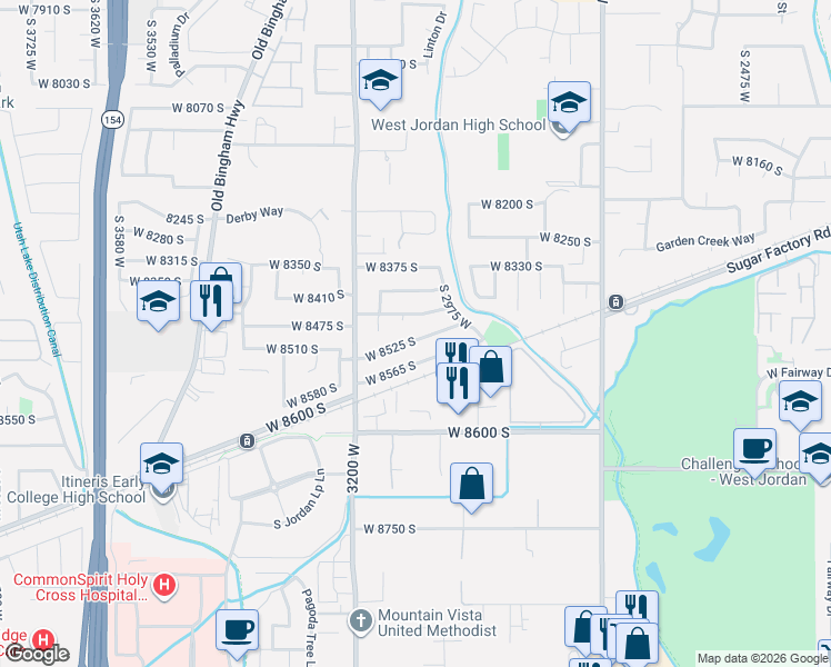 map of restaurants, bars, coffee shops, grocery stores, and more near 3070 West 8525 South in West Jordan