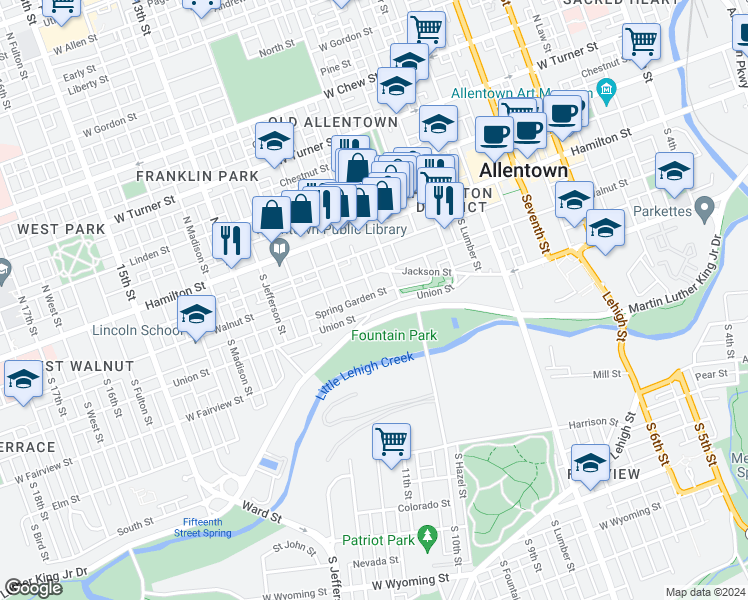 map of restaurants, bars, coffee shops, grocery stores, and more near 1028 Spring Garden Street in Allentown