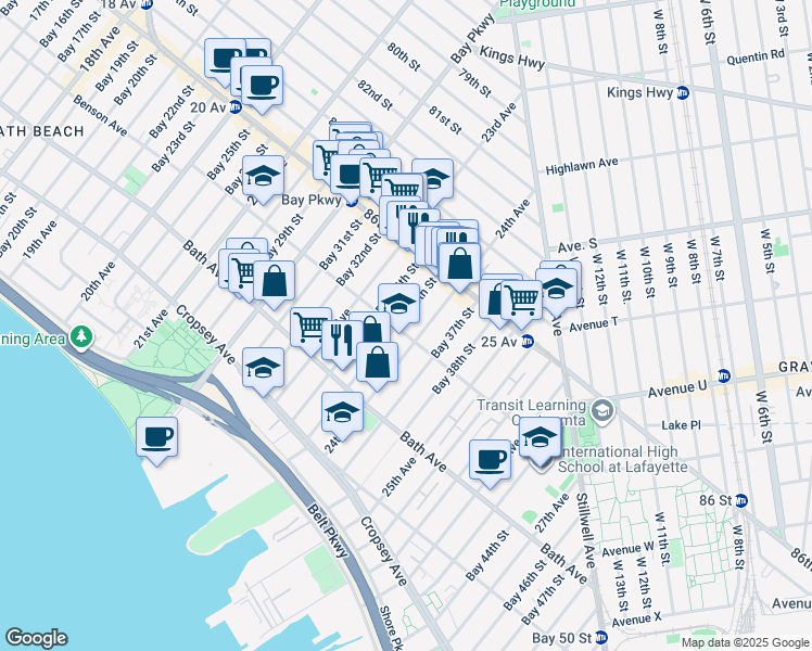 map of restaurants, bars, coffee shops, grocery stores, and more near 2360 Benson Avenue in Brooklyn