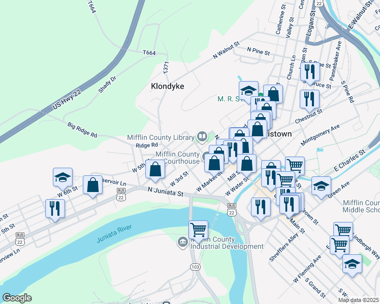 map of restaurants, bars, coffee shops, grocery stores, and more near 10 West 4th Street in Lewistown