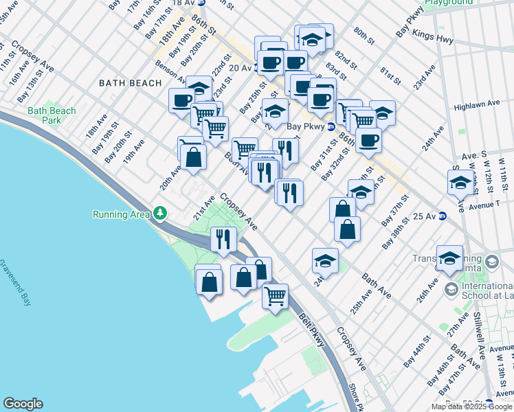 map of restaurants, bars, coffee shops, grocery stores, and more near 8811 Bay Parkway in Brooklyn