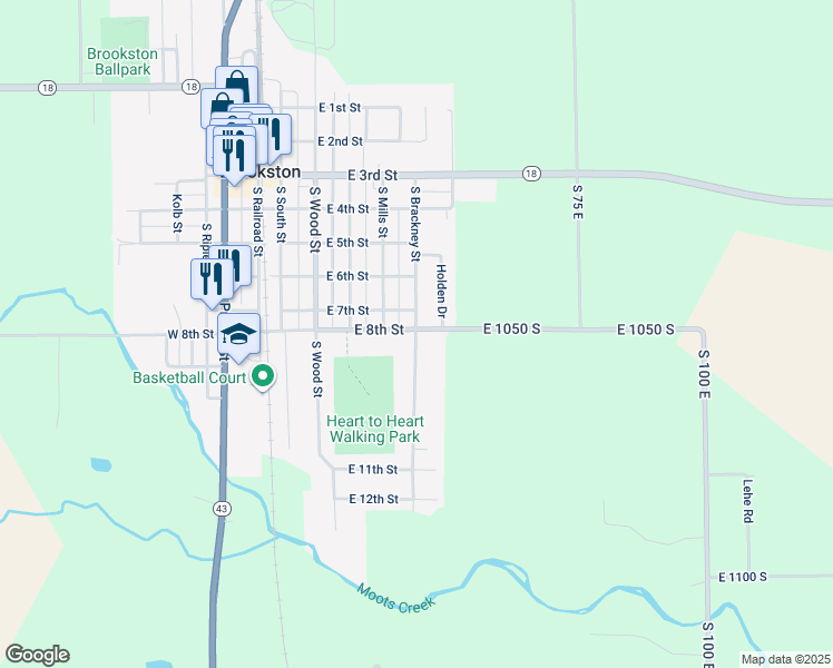 map of restaurants, bars, coffee shops, grocery stores, and more near 806 South Brackney Street in Brookston