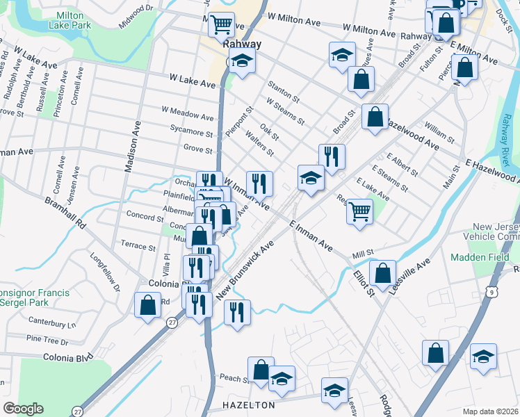map of restaurants, bars, coffee shops, grocery stores, and more near 33 Minna Street in Rahway