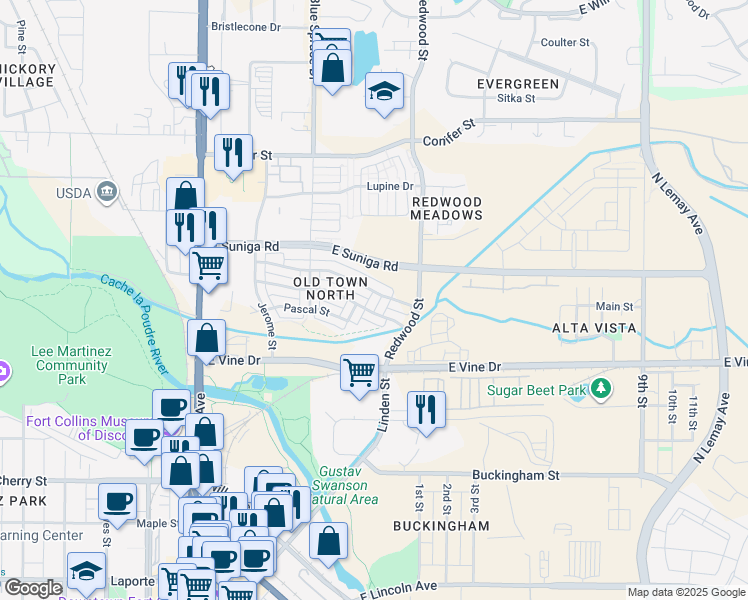 map of restaurants, bars, coffee shops, grocery stores, and more near 509 Cajetan Street in Fort Collins