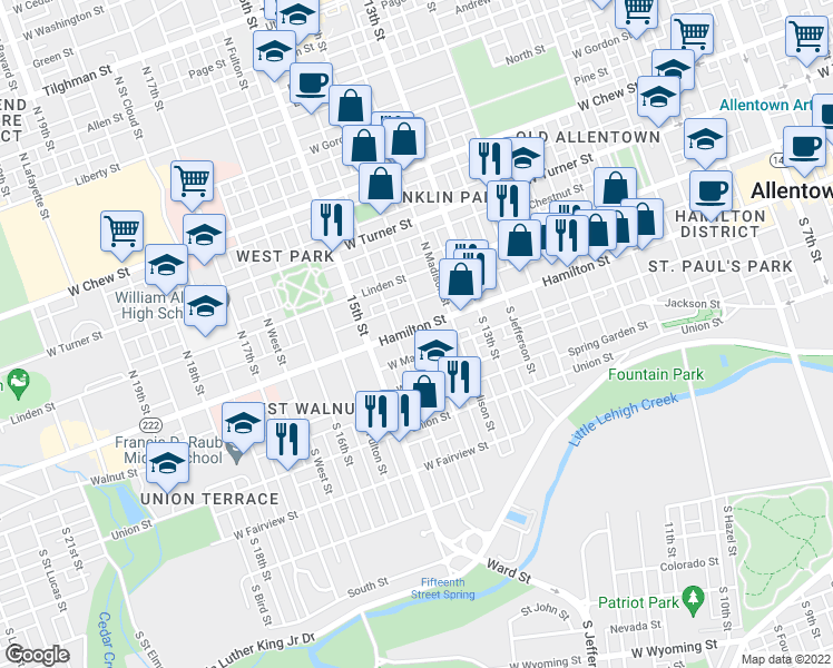 map of restaurants, bars, coffee shops, grocery stores, and more near 26 South 14th Street in Allentown