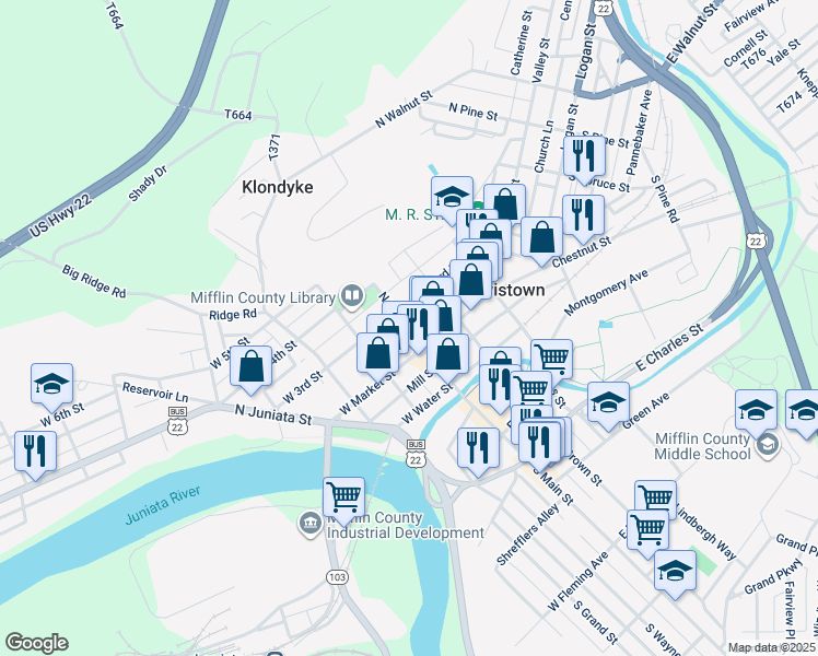 map of restaurants, bars, coffee shops, grocery stores, and more near 17 North Main Street in Lewistown