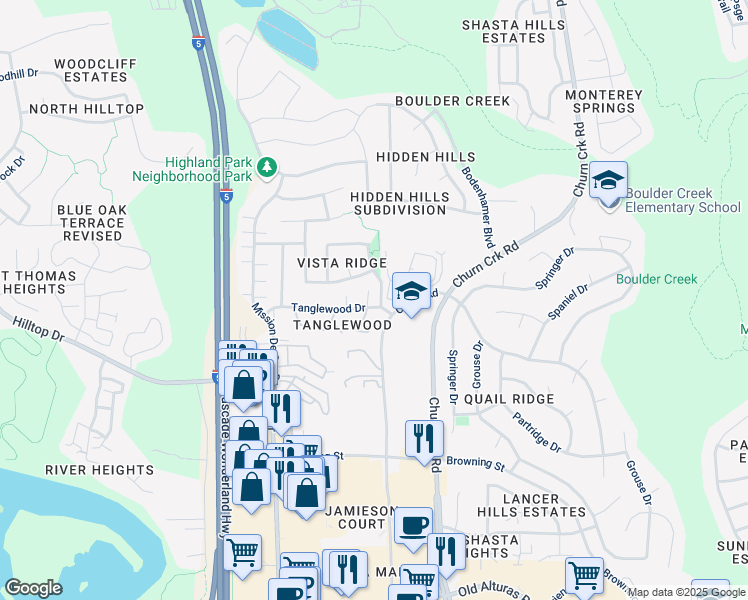 map of restaurants, bars, coffee shops, grocery stores, and more near 695 Cream Bush Way in Redding