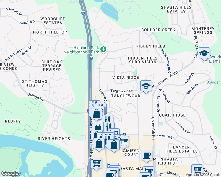 map of restaurants, bars, coffee shops, grocery stores, and more near 711 Mission De Oro Drive in Redding