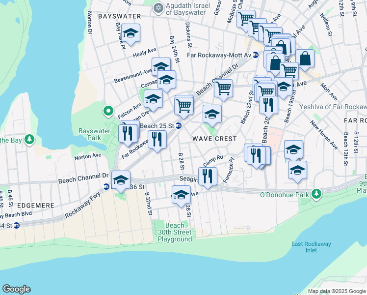 map of restaurants, bars, coffee shops, grocery stores, and more near 27-06 Deerfield Road in Queens