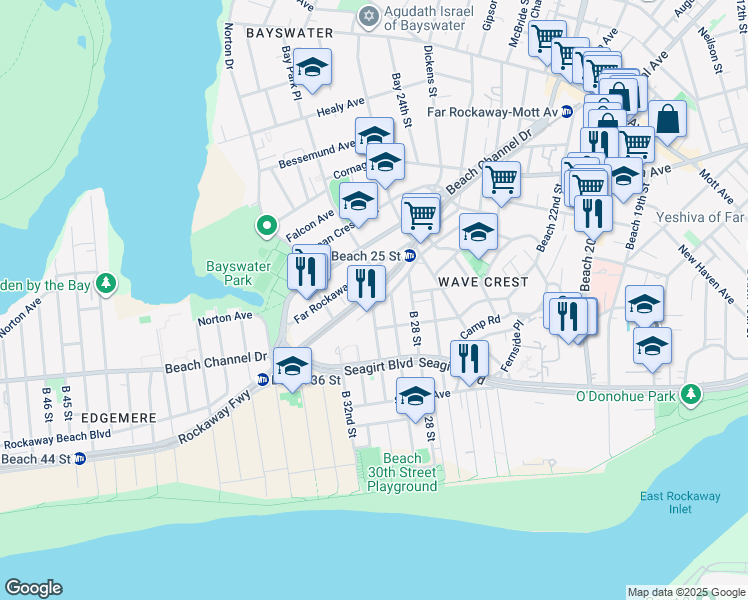 map of restaurants, bars, coffee shops, grocery stores, and more near 30-16 Brookhaven Avenue in Queens