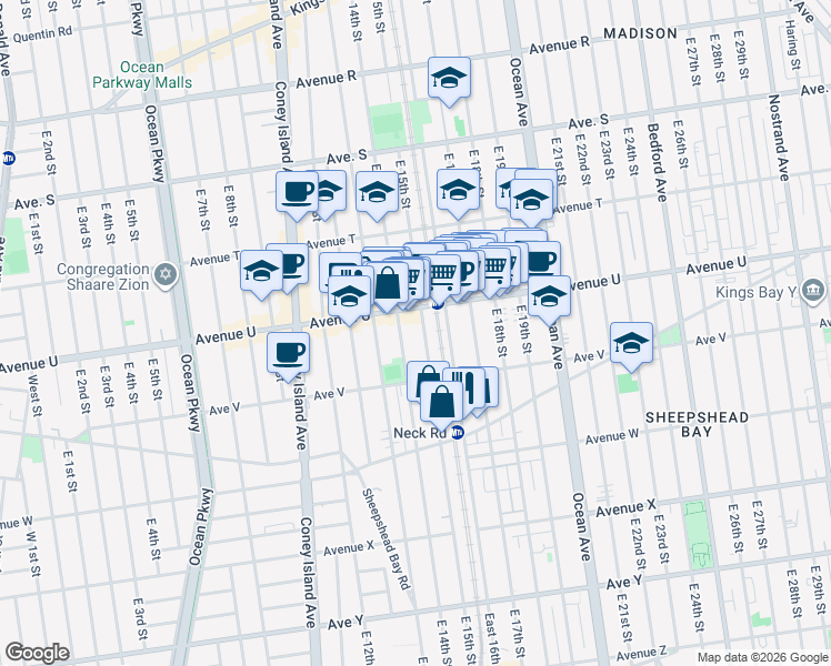 map of restaurants, bars, coffee shops, grocery stores, and more near 2155 East 15th Street in Brooklyn