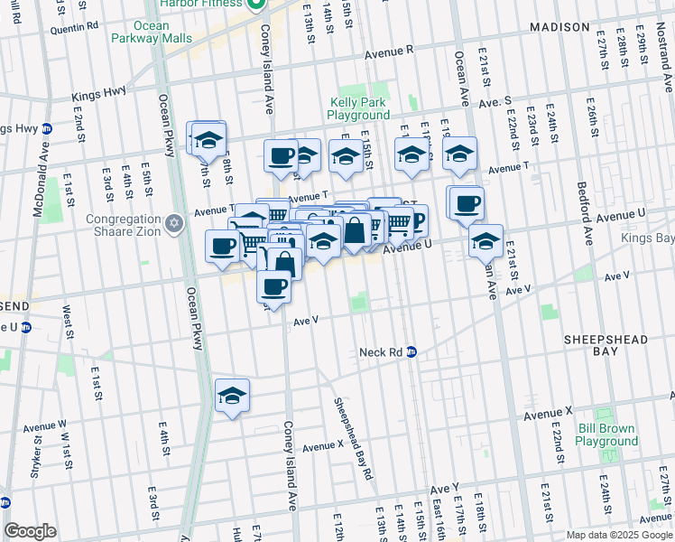 map of restaurants, bars, coffee shops, grocery stores, and more near 2141 Homecrest Avenue in Brooklyn