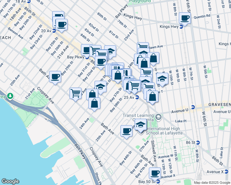 map of restaurants, bars, coffee shops, grocery stores, and more near 46 Bay 38th Street in Brooklyn