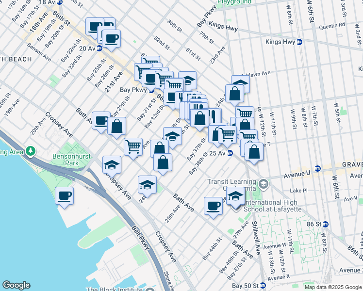 map of restaurants, bars, coffee shops, grocery stores, and more near 2415 Benson Avenue in Brooklyn