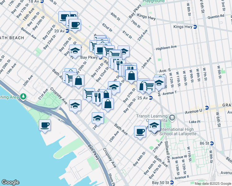 map of restaurants, bars, coffee shops, grocery stores, and more near 2360 Benson Avenue in Brooklyn