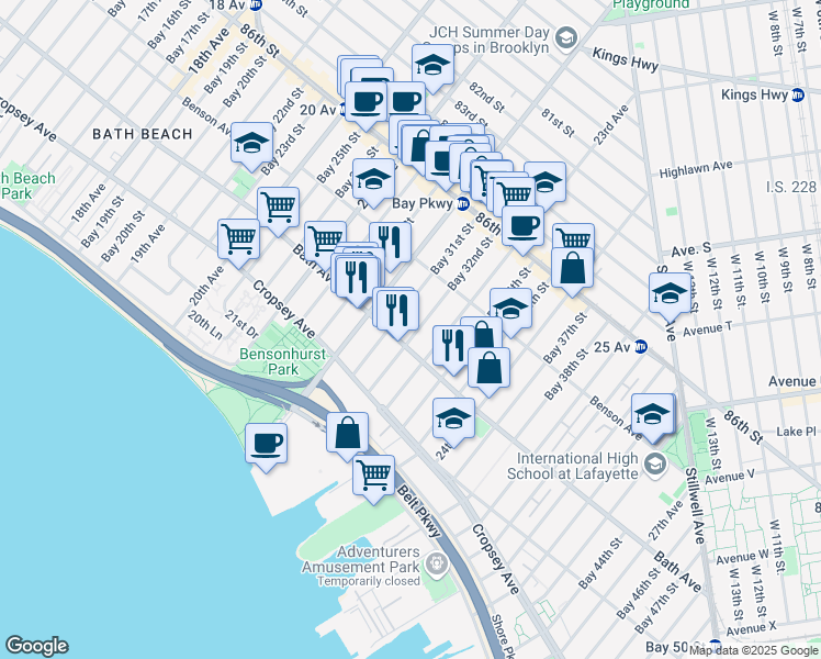 map of restaurants, bars, coffee shops, grocery stores, and more near 8760 23rd Avenue in Brooklyn