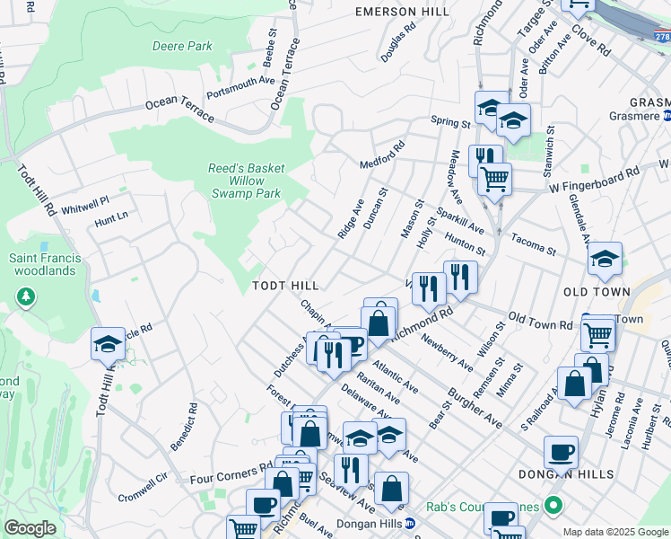 map of restaurants, bars, coffee shops, grocery stores, and more near 48 Oakdale Avenue in Staten Island