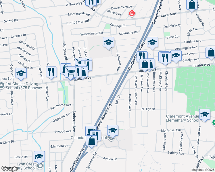 map of restaurants, bars, coffee shops, grocery stores, and more near 143 Savoth Lane in Woodbridge Township