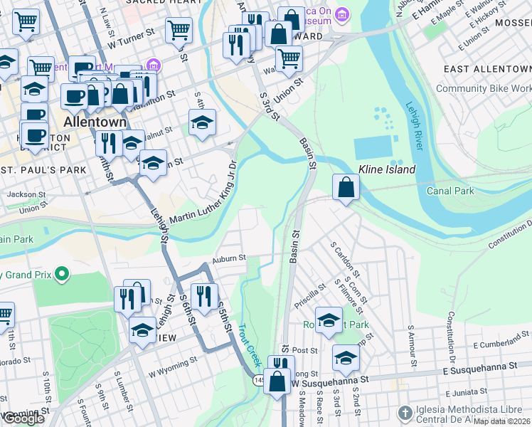 map of restaurants, bars, coffee shops, grocery stores, and more near 550 Basin Street in Allentown