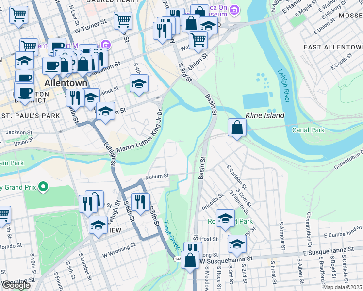 map of restaurants, bars, coffee shops, grocery stores, and more near 550 Basin Street in Allentown