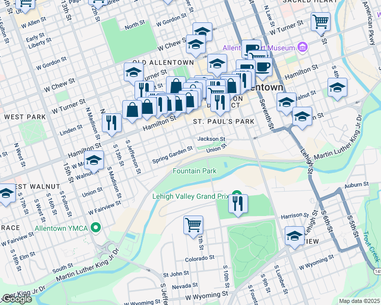 map of restaurants, bars, coffee shops, grocery stores, and more near 600 South 10th Street in Allentown