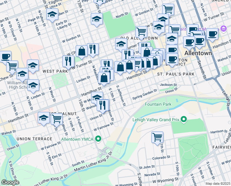 map of restaurants, bars, coffee shops, grocery stores, and more near 1250 Walnut Street in Allentown