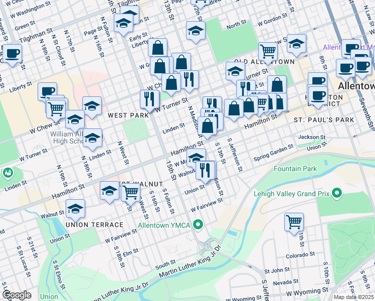map of restaurants, bars, coffee shops, grocery stores, and more near 26 South 14th Street in Allentown
