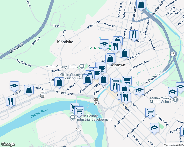 map of restaurants, bars, coffee shops, grocery stores, and more near 25-27-29 East Market Street in Lewistown