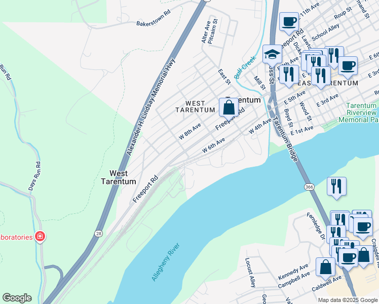 map of restaurants, bars, coffee shops, grocery stores, and more near 344 West 6th Avenue in Tarentum
