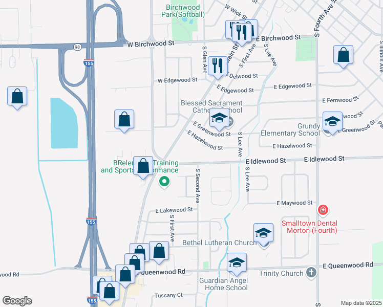 map of restaurants, bars, coffee shops, grocery stores, and more near 143 East Idlewood Street in Morton