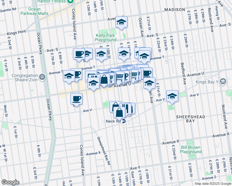 map of restaurants, bars, coffee shops, grocery stores, and more near 2127 East 15th Street in Brooklyn