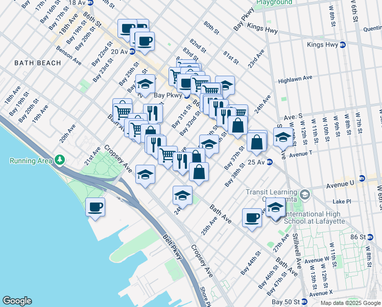 map of restaurants, bars, coffee shops, grocery stores, and more near 129 Bay 34th Street in Brooklyn