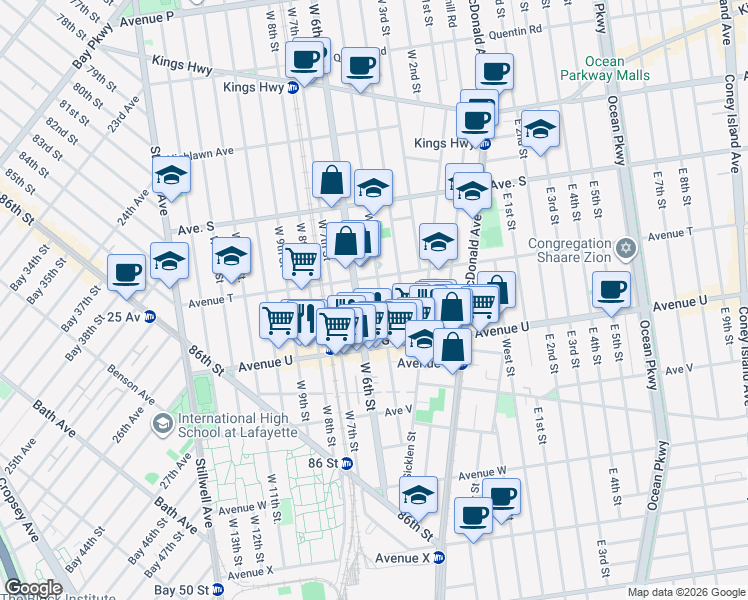 map of restaurants, bars, coffee shops, grocery stores, and more near 2062 West 5th Street in Brooklyn